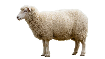 Fototapeta premium White sheep with thick wool standing profile view