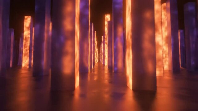 Glowing orange rectangular pillars in futuristic dark hall.