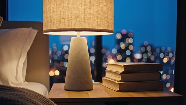 Modern table lamp and a stack of books on a wooden nightstand in a cozy bedroom with blurred city lights in the background at night