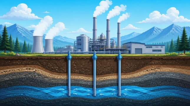 Cross section diagram of industrial factory extracting groundwater from underground aquifer.