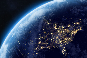 Obraz premium Nightly Earth planet. Planet Earth in outer space. North America at night viewed from space, Canada, United States and Mexico. Night on planet with cities lights. The east coast of the US. 