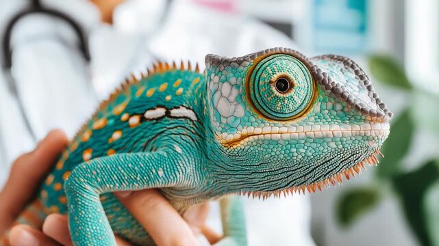 selective focus close up veterinarian holding chameleon examining vibrant skin
