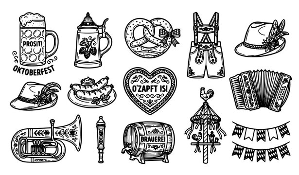 Oktoberfest Festival Elements and Traditional German Icons Vector Illustration Collection
