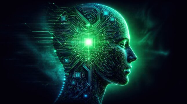 Futuristic artificial intelligence concept with glowing green digital human brain profile.