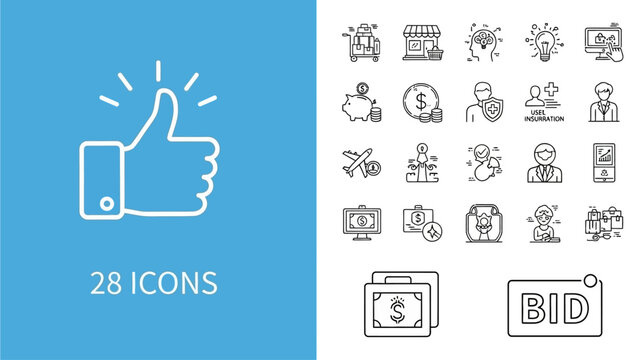 Set of twenty eight business and auction line icons featuring bidding finance and commerce concepts