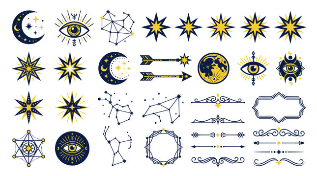 Celestial Symbols, Stars, Moon, Constellations, Mystical Eye Icons, Astrology Graphics