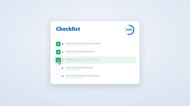 Animated checklist with tasks being checked off and circular progress indicator increasing template