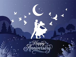 Naklejka premium Romantic anniversary celebration vector illustration, couple dancing under crescent moon, flying doves, serene night landscape, elegant greeting card design, wedding celebration art