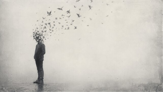 Man with head dissolving into flock of flying birds. Artistic surrealist concept of freedom, thoughts dispersion and mental state. Abstract psychological metaphor of letting go of mind