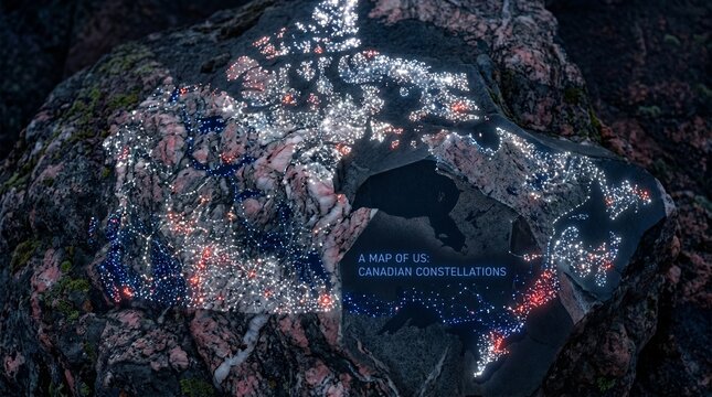 Glowing map of US and Canadian constellations on a rocky surface with vibrant colors and lights on white background