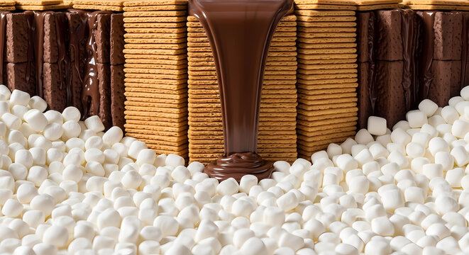 Delicious s'mores ingredients background, graham crackers and chocolate with mini marshmallows, sweet dessert food photography for culinary projects