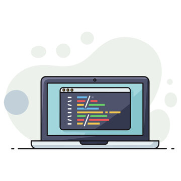 Laptop displaying code editor on minimal white background. non editable strokes