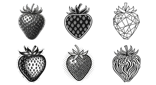 Collection of Six Stylized Strawberry Illustrations in Black and White