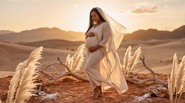 Black mother cradling belly in golden desert light at sunset