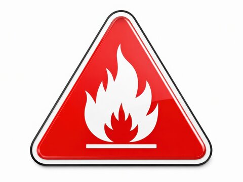 Red triangle warning sign with a white fire icon indicating flammable material or fire hazard.