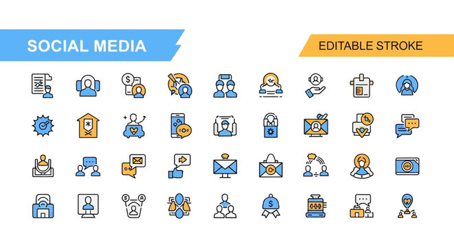 Versatile vector icon pack depicting essential social media interactions, digital communication, user networking, and online business strategies for modern applications