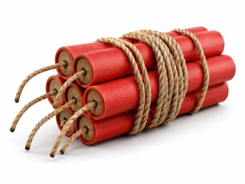 Stack of red dynamite sticks with lit fuses tied together by rope.