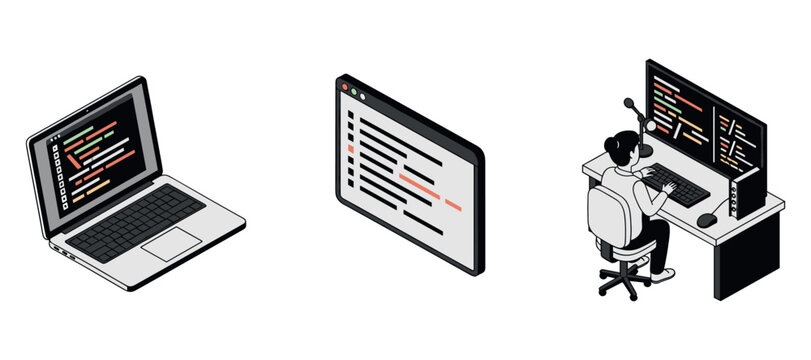 Software development coding scenes with laptop, editor, programmer