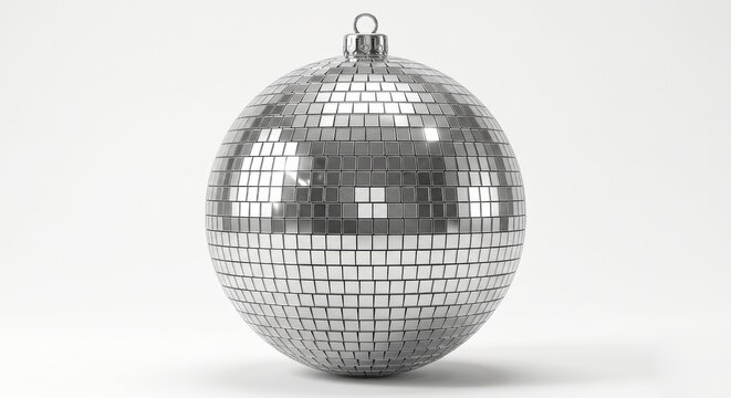 Sparkling silver disco ball with mirror tiles isolated on white background.