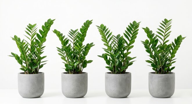 Row of four zz plants in gray concrete pots arranged against white wall background.