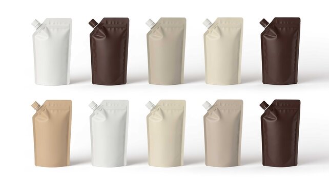 Ten blank spout pouches in various neutral earth tones arranged in two rows for professional food packaging product design display