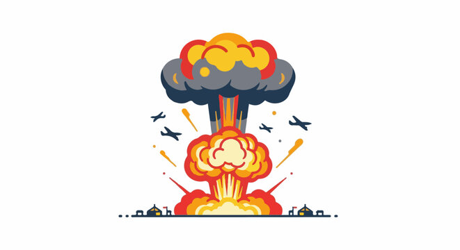 Stylized explosion with planes and buildings, bright colors