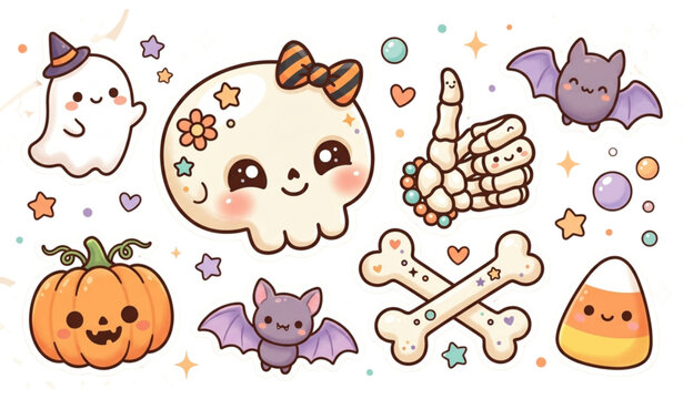 Kawaii halloween stickers collection ghost skull bat pumpkin candy corn