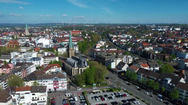 Aerial view around the old town of the city Paderborn, in Germany on a sunny  spring noon.