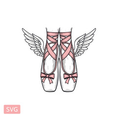 Ballet shoes with wings, pink ribbons, bow, sketch art, graceful dance footwear © Fridi