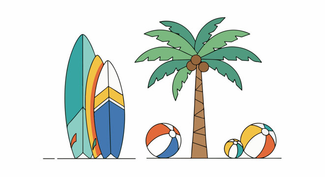 A tropical beach scene with surfboards, a palm tree, and beach balls