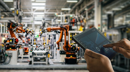 Fototapeta premium Hands holding tablet with industrial automation dashboard inside smart factory with robotic arms, supporting manufacturing monitoring, machine control, production analysis, and industrial workflow.