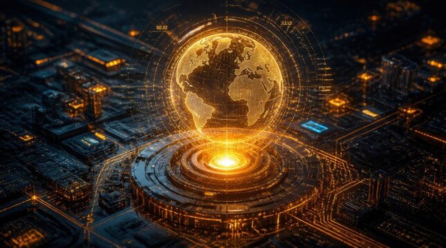 Futuristic glowing digital globe hologram hovering over a high tech city hub at night.