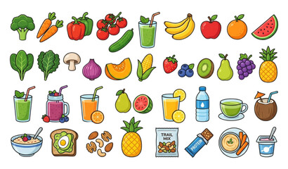 Obraz premium Colorful cartoon illustrations of various healthy food and drink items