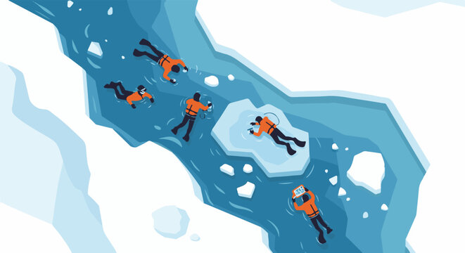 Divers explore icy waters with scattered ice floes and white frozen surroundings