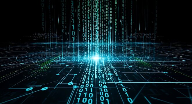 Glowing Binary Code Stream Rising From Futuristic Digital Circuit Grid