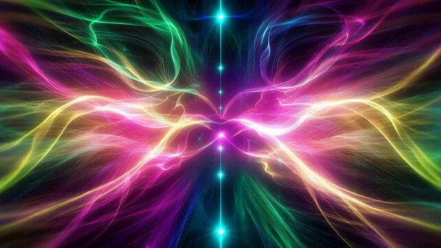 Abstract background with vibrant flowing light waves and energy particles in a symmetrical butterflylike pattern 4k video