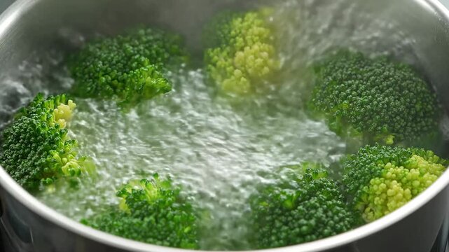 Fresh green broccoli florets simmering in a silver cooking pot
