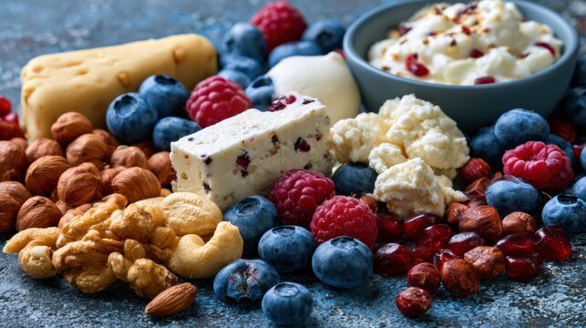 A protein snack selection shows an arrangement of nuts, berries, and cultured dairy products on a blue background in natural light