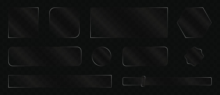 Glassmorphism web banners and UI element set. Transparent glass plates with glowing borders on a dark background. Vector realistic frosted glass buttons, badges, and sliders for UI/UX design.