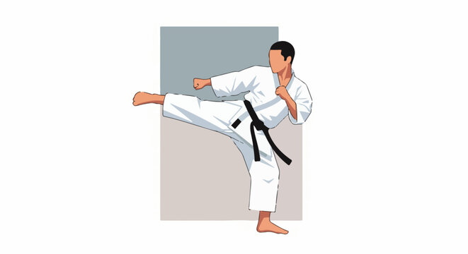 A person in a white martial arts uniform performs a side kick, black belt tied