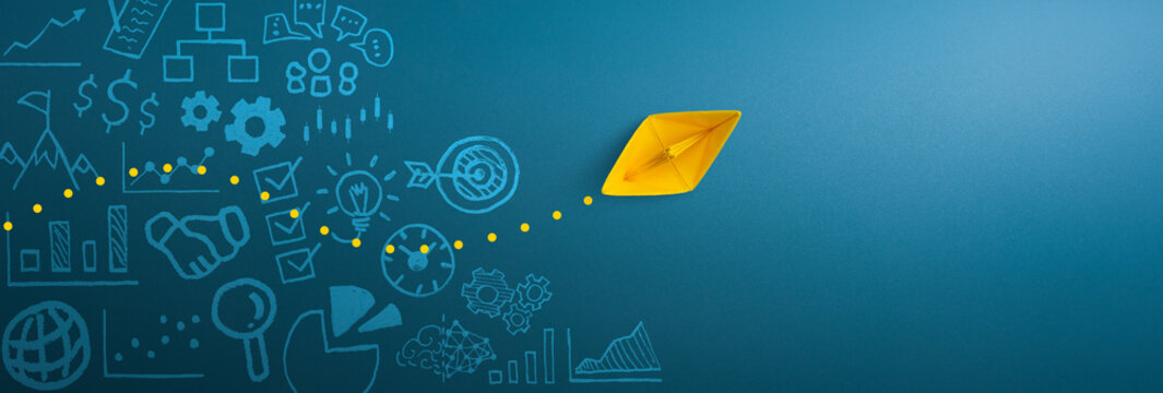 Yellow paper ship and business strategy on blue background, Business success, innovation and solution concept, copy space