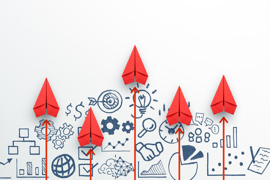 Business success, innovation and solution concept. Red paper planes and business strategy on white background