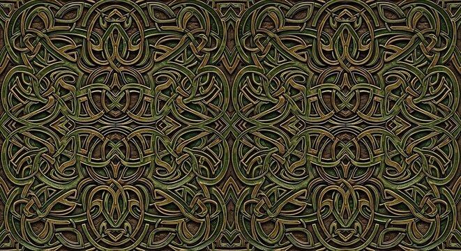 Ornate Green Celtic Knot Pattern Repeating on Decorative Textured Panel