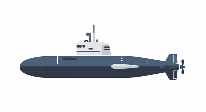 A minimalist illustration of a dark blue submarine with a white upper deck, on a white background