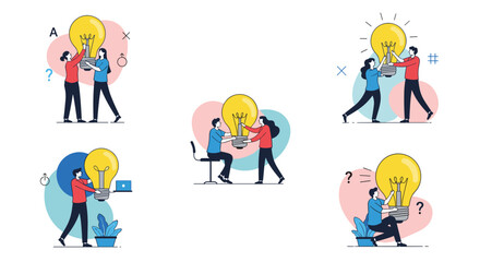Fototapeta premium Group of people collaborating and brainstorming ideas around large lightbulbs symbolizing creativity, innovation, and teamwork.