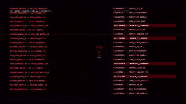 Futuristic Biometric Matrix Feed Decrypting Chromo Trace Cellular Kernel Red UI Terminal Screen Display.