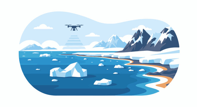 Drone surveys icy arctic waters, icebergs, mountains, and coastline