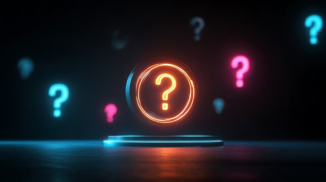 Glowing question mark appears on a laptop surrounded by floating symbols in darkness.
