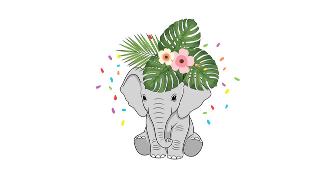 Adorable baby elephant sitting peacefully with a crown of tropical monstera leaves and pink flowers on its head amidst colorful confetti.