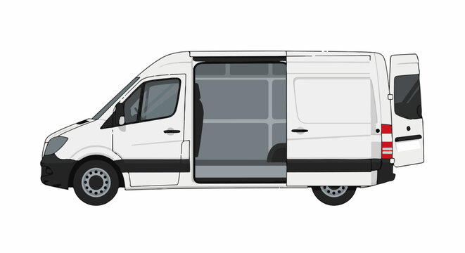 White cargo van with open doors showing interior and rear